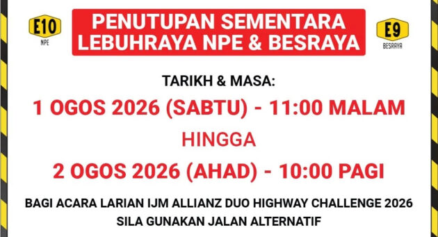 Lebuhraya NPE dan Besraya ditutup pada 1-2 Ogos untuk acara IJM Allianz Duo Highway Challenge 2026