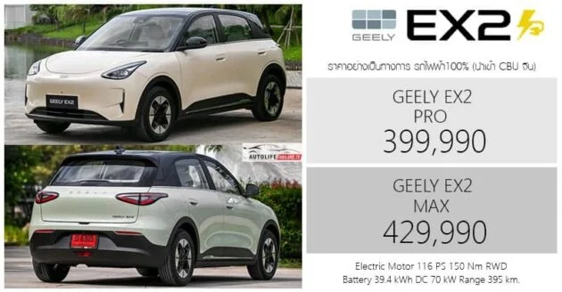 泰国公布吉利 Geely EX2 正式售价, Proton eMAS 5 的原生车款在泰国最高只需5.5万令吉, 续航里程最长395公里