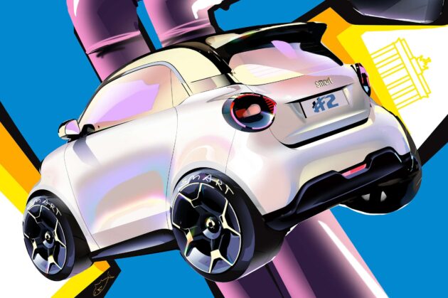 smart #2 以壁画形式提前对外预告, 全新纯电动双座小车, 续航里程300公里, 10月12日全球首发, smart fortwo 后继车款?