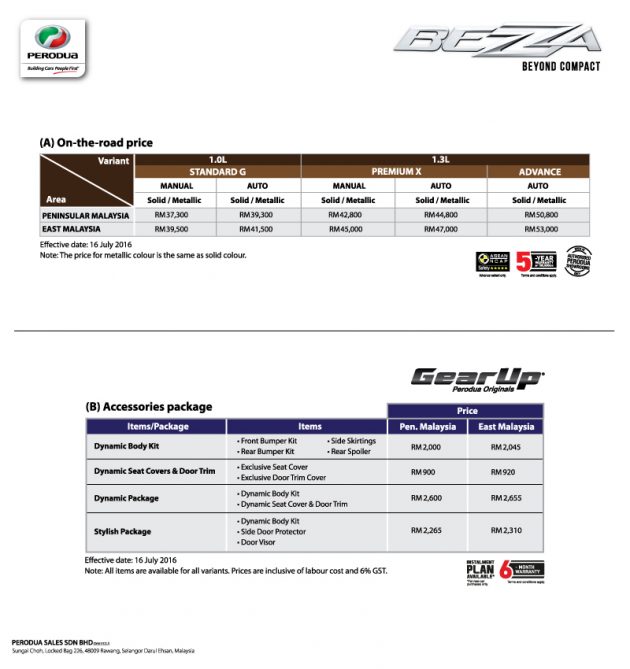 Perodua Bezza price list official