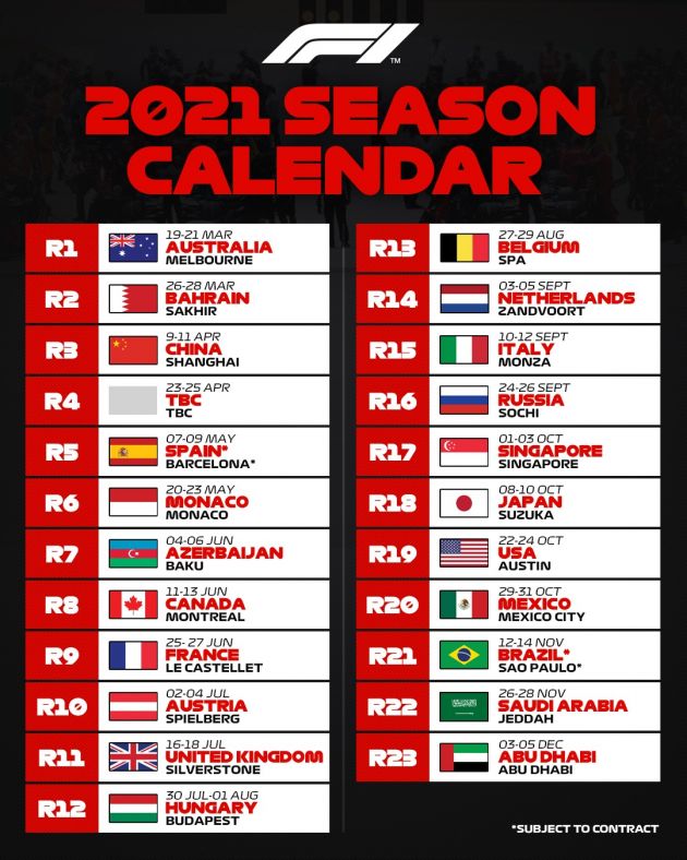 2021 Formula 1 season calendar released – 23 races