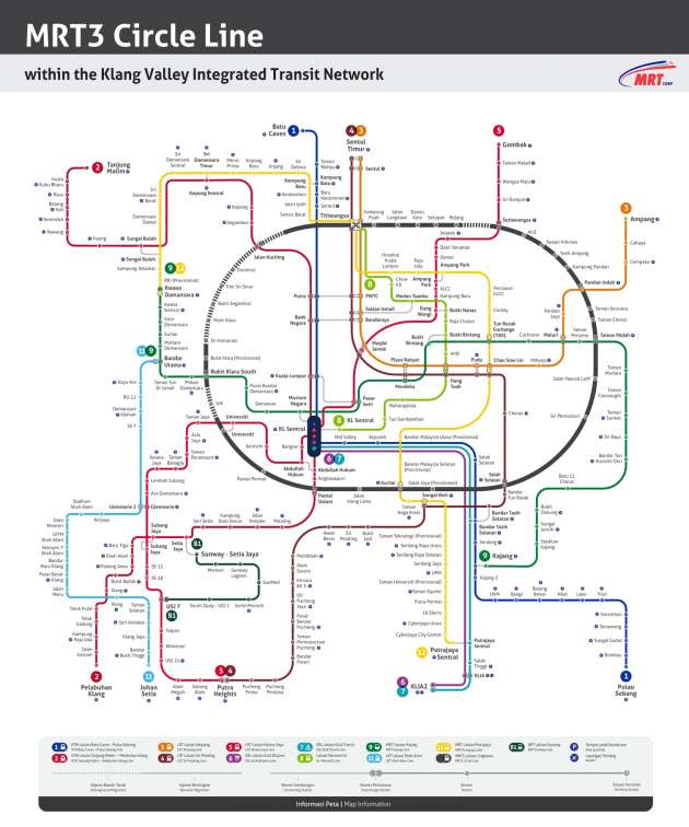 MRT3 Circle Line official map released – see how the 50.8 km, 31 station loop links with 6 existing rail lines