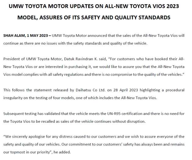2023 Toyota Vios sales to continue despite Daihatsu crash test issue – UMWT says no need for halt or recall