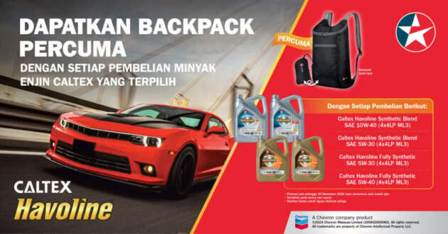 Lindungi enjin kereta dengan pelincir Caltex Havoline dan dapatkan beg galas percuma — hingga 30 Nov