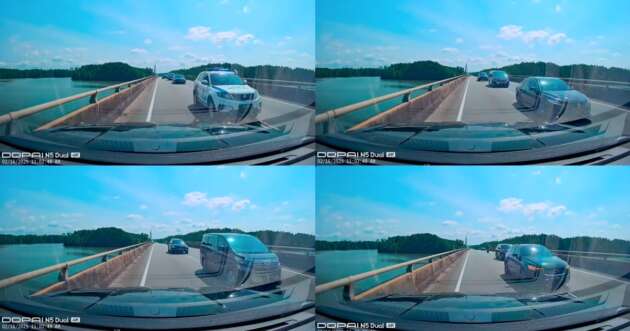 Police-escorted convoy crosses double solid line on bridge, forces oncoming vehicle towards barrier