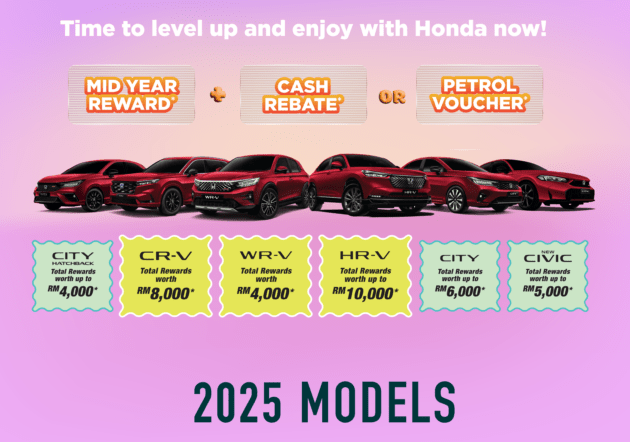 Promosi Honda Malaysia Jun 2025 — diskaun HR-V hingga RM10k, CR-V RM8k, City RM6k, Civic FL RM5k