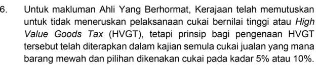 Kerajaan tidak teruskan pelaksanaan Cukai Barangan Bernilai Tinggi (HVGT) – kementerian kewangan
