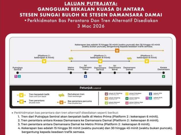 MRT Laluan Putrajaya alami gangguan kuasa akibat kecurian kabel antara Sg Buloh-Damansara Damai
