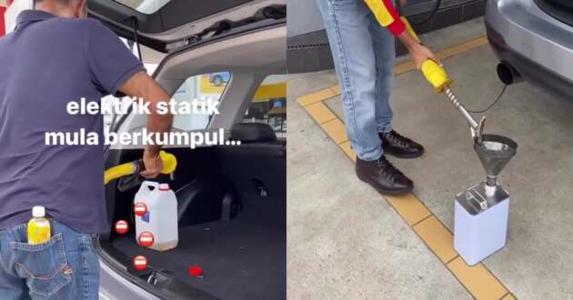 Pak Cik Shell demonstrates the proper way to fill petrol into a container – avoid static buildup, potential spark