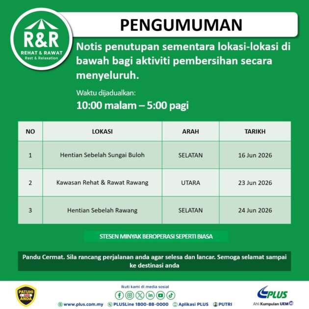 RnR Sungai Buloh and Rawang closed for cleaning – Sungai Buloh on 16 June, Rawang on 23 and 24 June