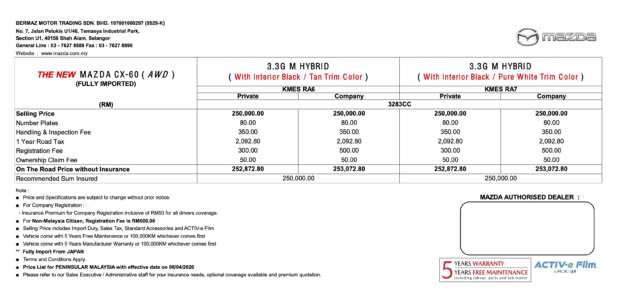 Mazda CX-60 3.3L MHEV launched in Malaysia – inline-six cylinder turbo petrol, CBU Japan; RM252k OTR