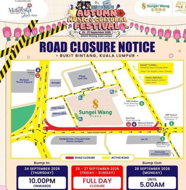 Jalan Sultan Ismail in front of Plaza Sungei Wang closed this weekend – from 10 pm, Sept 24 to 5 am, Sept 28