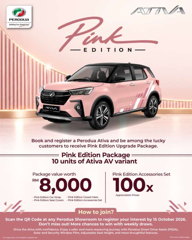 Perodua Ativa Pink Edition – wrap, seat covers, mats, 10 units only, book and register by Oct 15 for chance to win